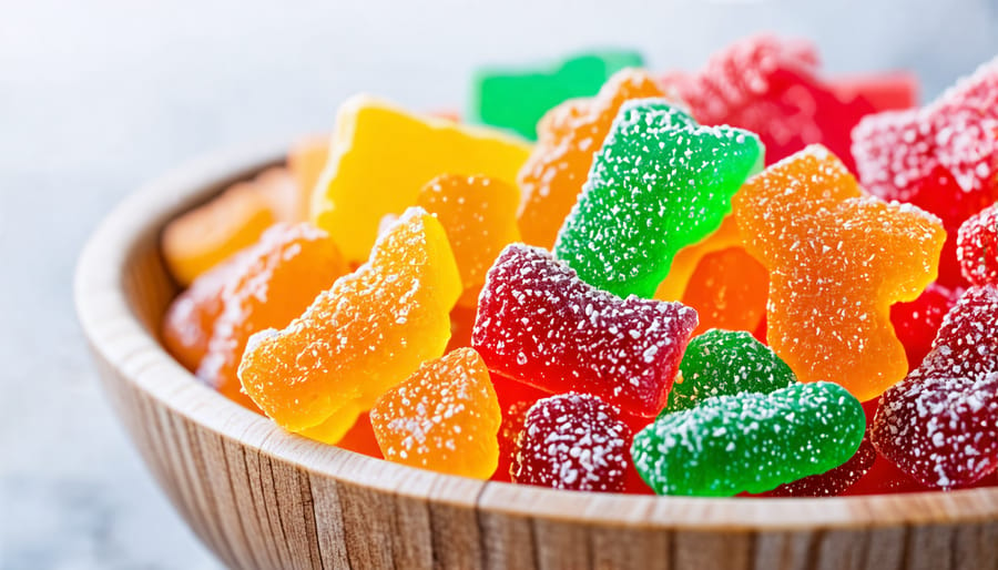 An assortment of colorful freeze-dried candies in a bowl, showcasing their texture and appeal