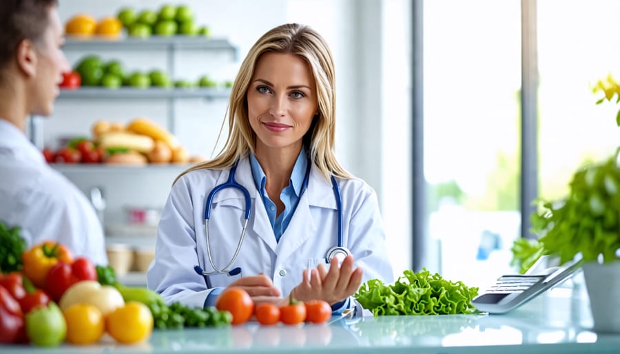 A healthcare professional and a nutritionist engaged in a discussion about nutritional considerations for transplant patients