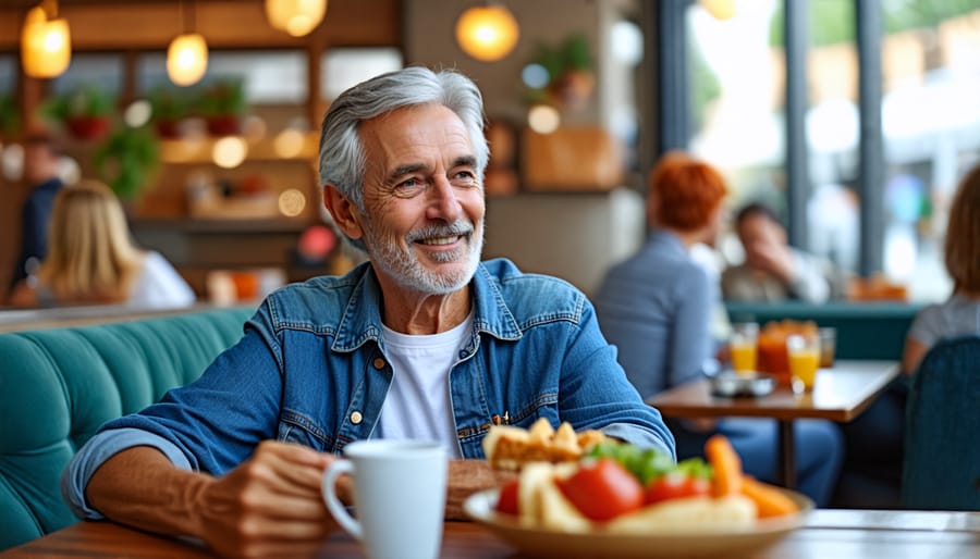 A transplant patient smiling while enjoying a snack, surrounded by community members in a supportive atmosphere