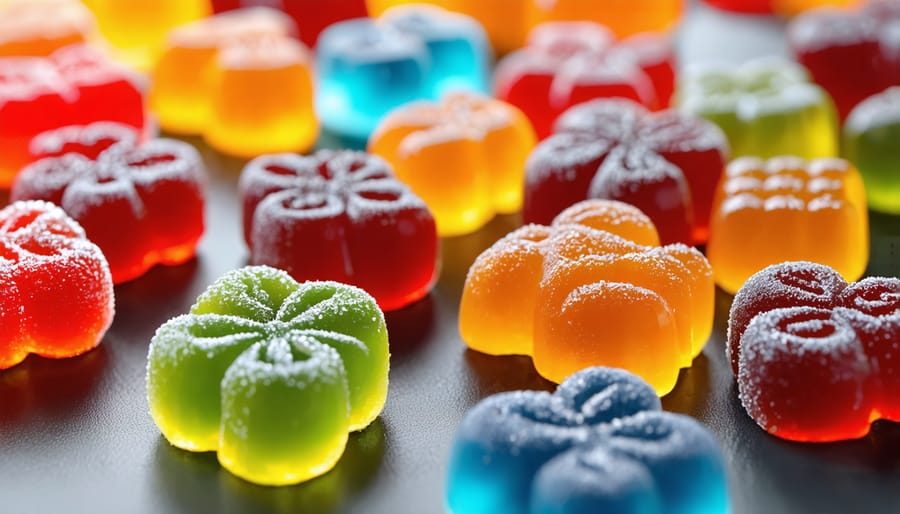 Assortment of HHC gummies in different colors and shapes