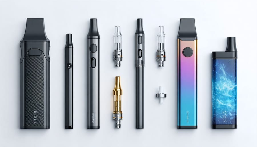 Different types of vaping devices laid on a table showcasing their variety