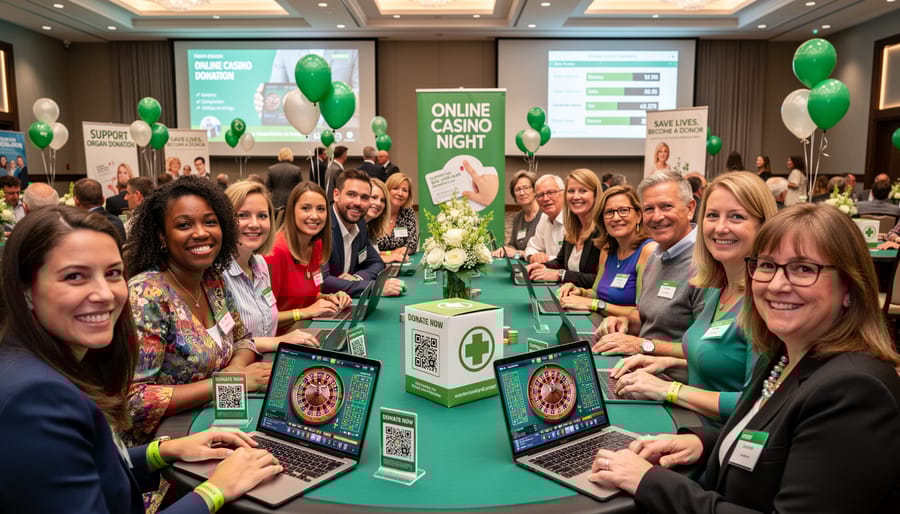 Diverse group of people gathered around table participating in friendly casino fundraising event
