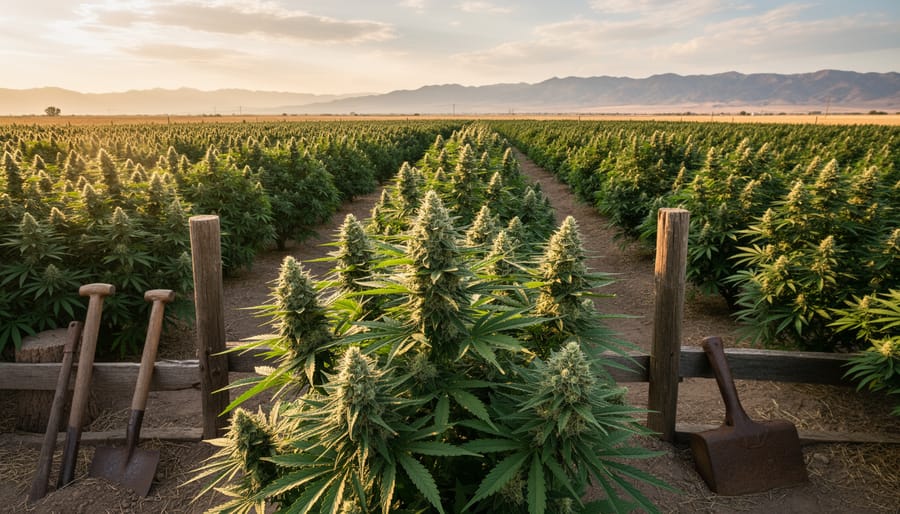Cannabis plants with a pre-roll resting on stone in a sunlit cultivation setting
