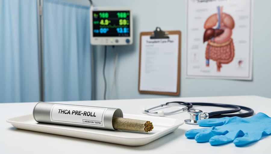 Close-up of a cannabis pre-roll on a clinical examination table beside an amber vial