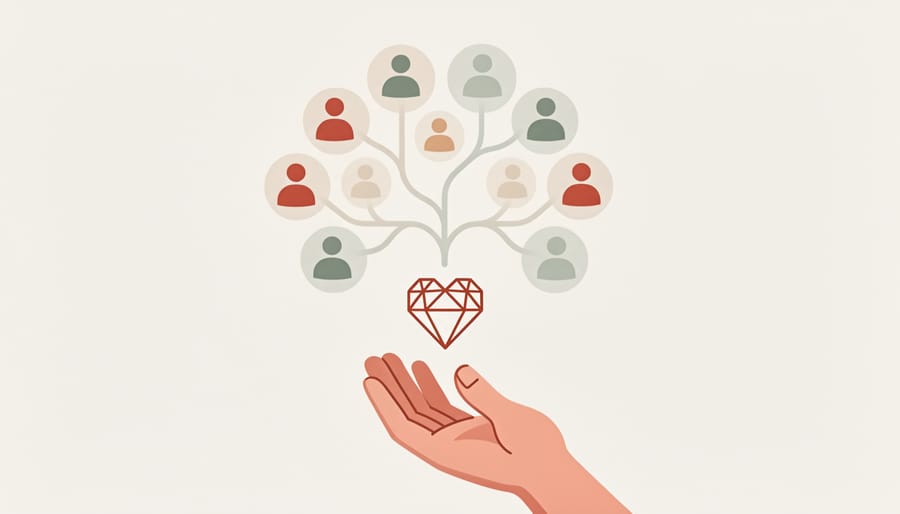 Hand placing a red heart-shaped charm into a donation awareness box