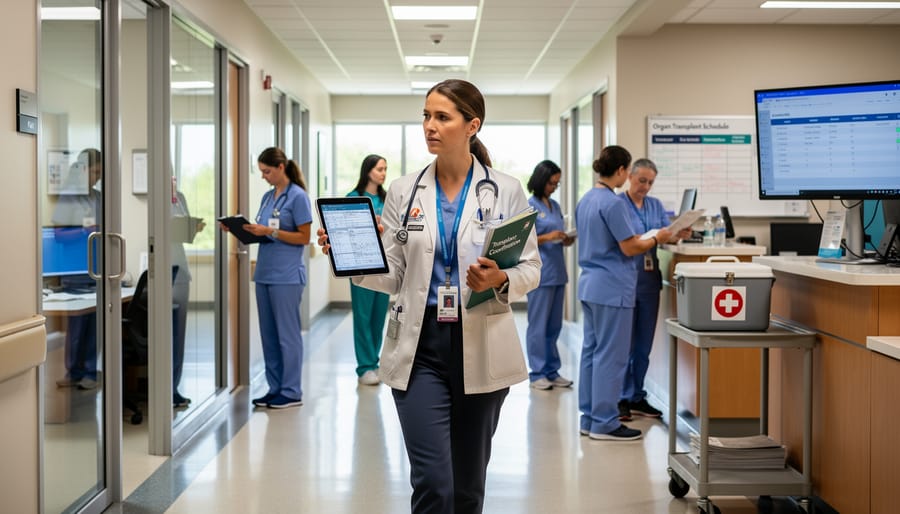 Transplant coordinator walking through a hospital corridor holding a clipboard