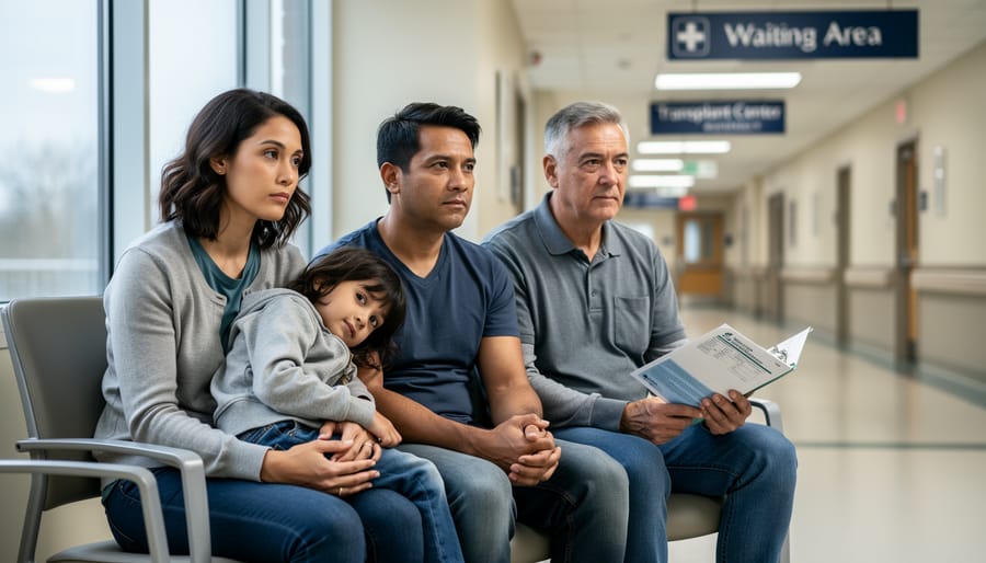 A family sitting together in a hospital waiting room, holding a blanket and coffee while waiting for care.