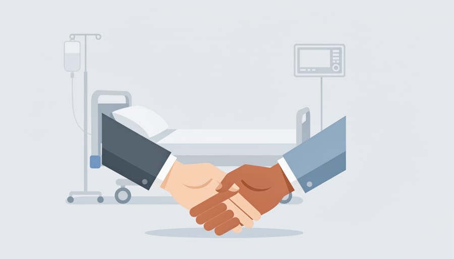 Intertwined hands resting on a bedside blanket with a medical wristband softly blurred in the background.
