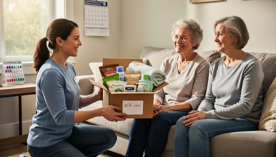 A volunteer hands a grocery bag and care package to a family member outside a hospital entrance.